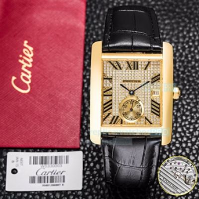 Replica Cartier Tank Watch Roman Dial Yellow Diamond Face Leather Watch